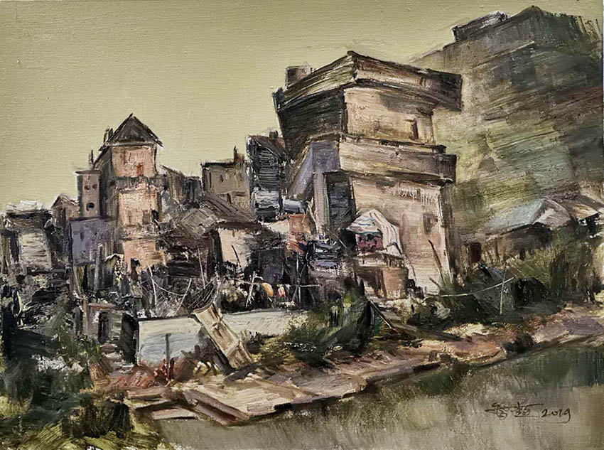 智超作品8《圩边民宅》60X80cm 油画 2019年 在江门台山五十圩写生记